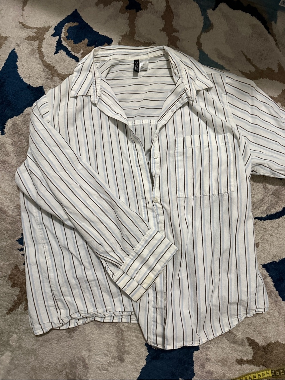 Divided White Button-Down Shirt with Navy & Tan Stripes